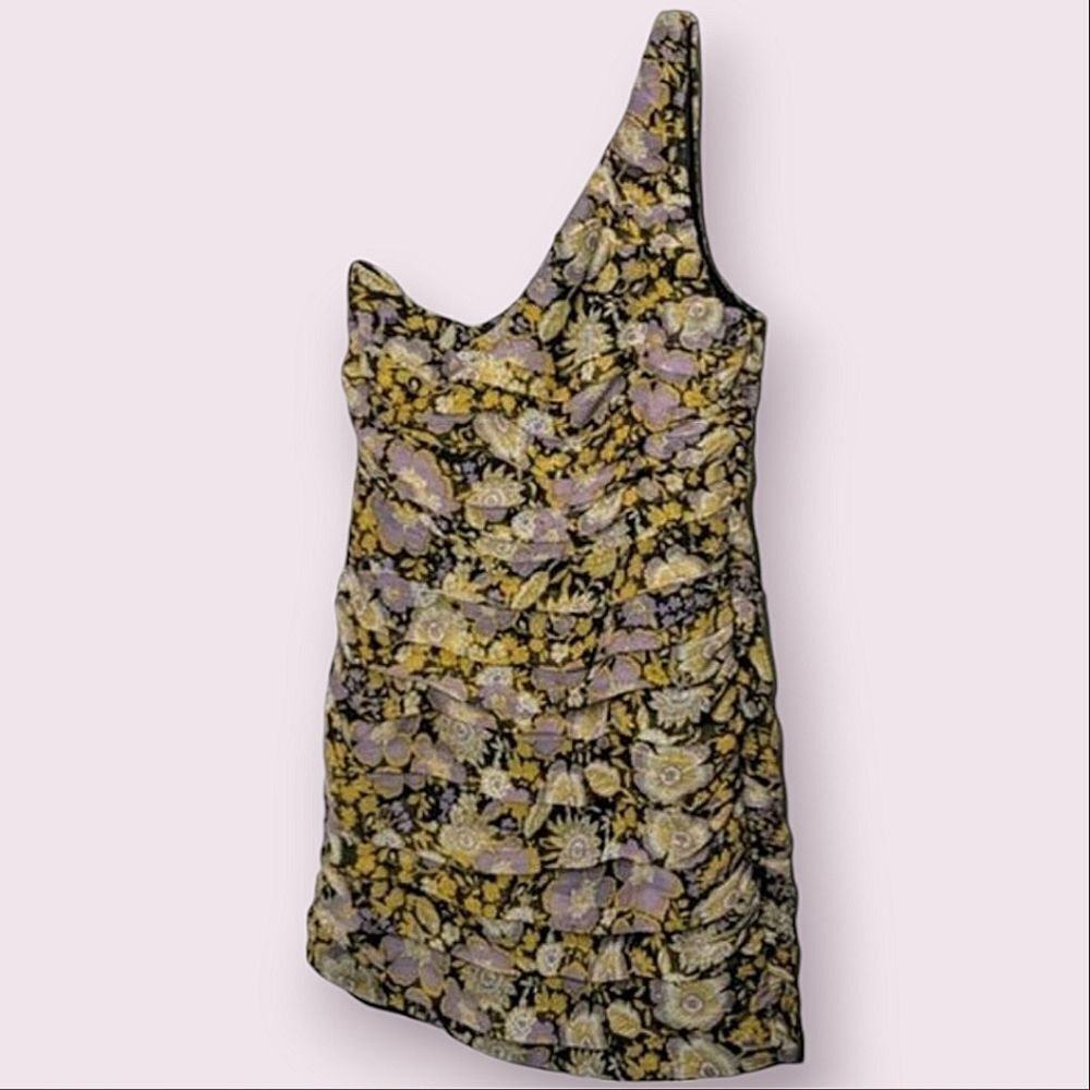 ZARA Metallic Floral One Shoulder Pleated Cocktail Mini Dress size M